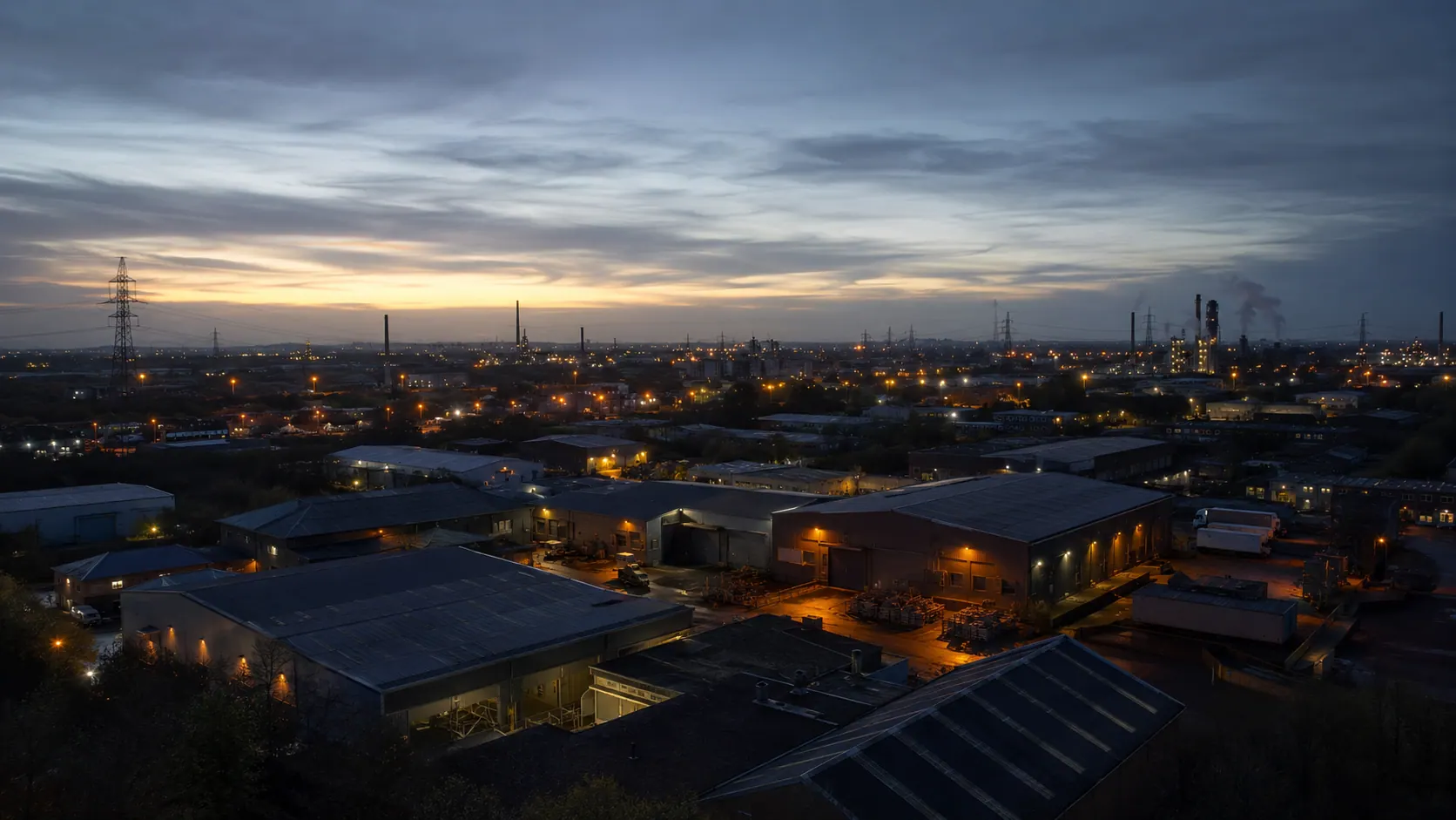 UK industrial estate at dusk